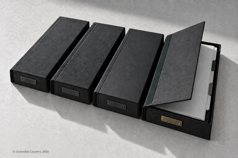 Four graphite archival cases on a pale surface, with the right-hand case open to indexed technical sheets.