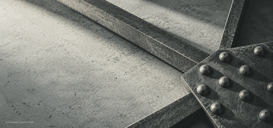 A riveted structural node: several iron members converging on one plate, lit from the side across a stone surface.
