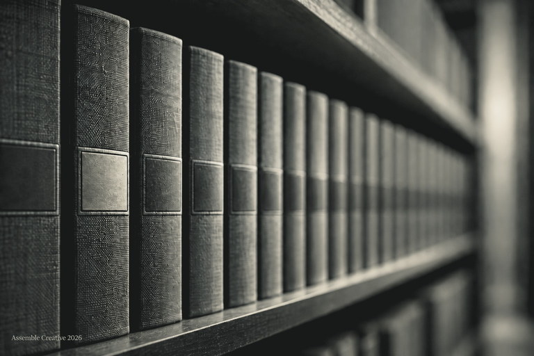 A single archive shelf seen down its length: uniform bound volumes receding out of focus, one carrying a plain brass plate.