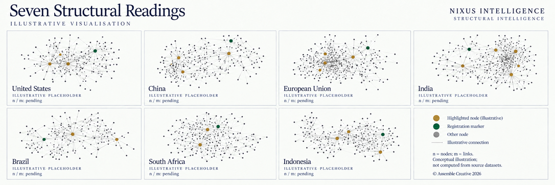 Illustrative seven-panel network composition labelled United States, China, European Union, India, Brazil, South Africa and Indonesia, with a legend. It is not computed from source datasets.